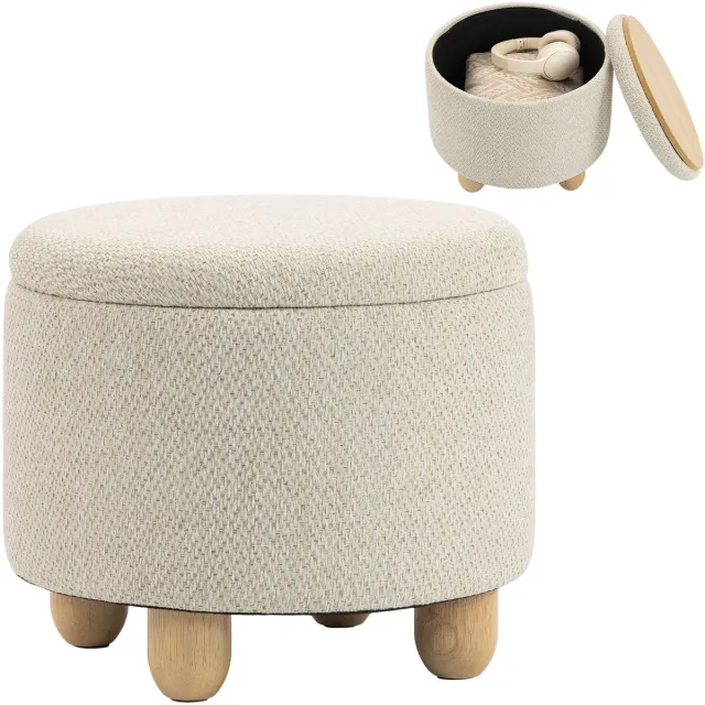 Homcom Opbergpoef - Jute canvas (100% polyester), rubberhout - 38,5 x 38,5 x 33,5 cm - Beige