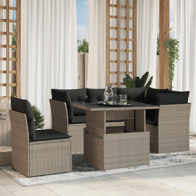 vidaXL 6-delige Loungeset met kussens poly rattan lichtgrijs grijs, foto 2