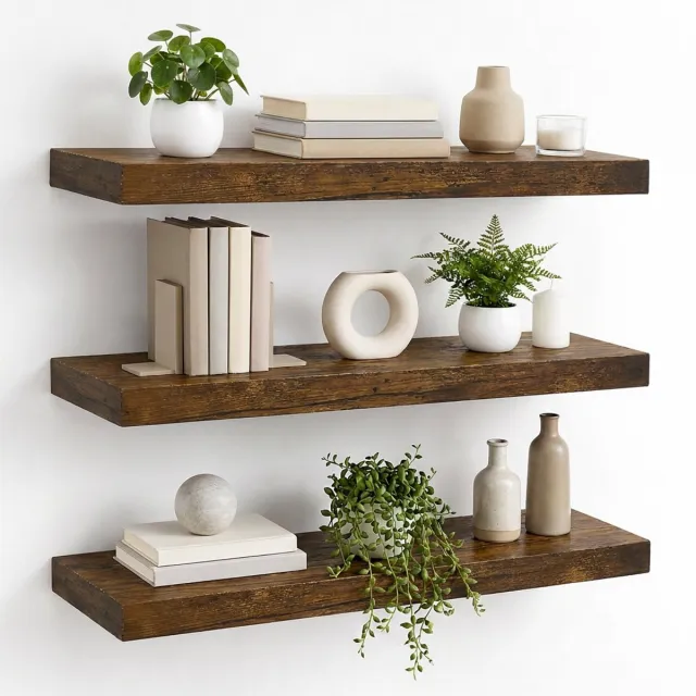 AIMASON Zwevende Wandplank- Set van 3 - Hout - 41 x 17 cm - Bruin – Draagkracht 5 kg per Plank – Inclusief 15 Schroeven & 6 Metalen Beugels – Wandrek Boekenplank Decoratie Opbergrek – Voor Woonkamer Slaapkamer Keuken Badkamer & Hal