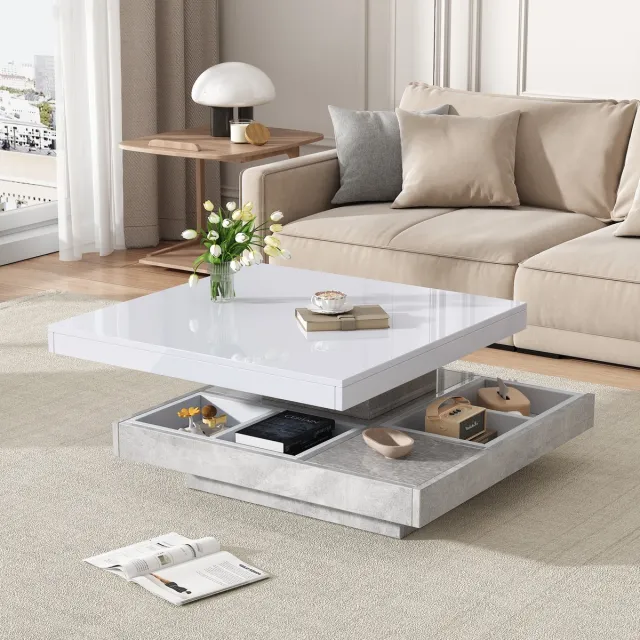 Sweiko Salontafel - Hoogglans tafelblad - 360° draaibaar - Met opbergvak - Wit + grijs