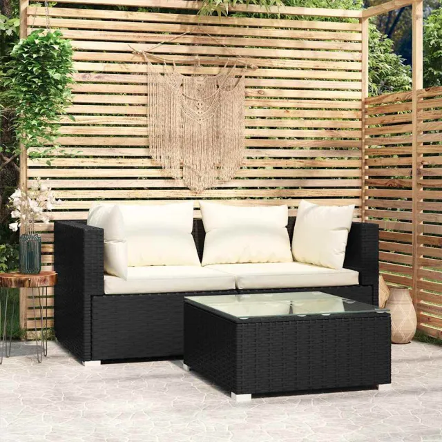 vidaXL 3-delige Loungeset met kussens poly rattan zwart, foto 2