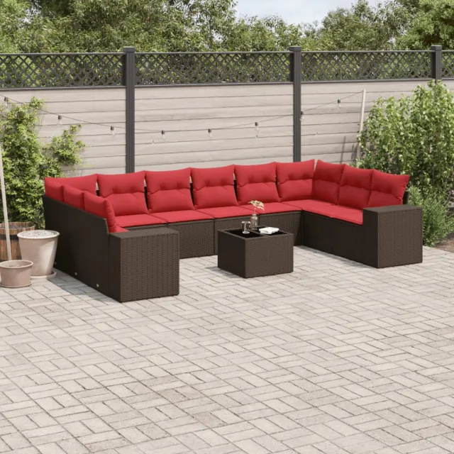 vidaXL 11-delige tuinbankset met kussens, bruin polyrotan