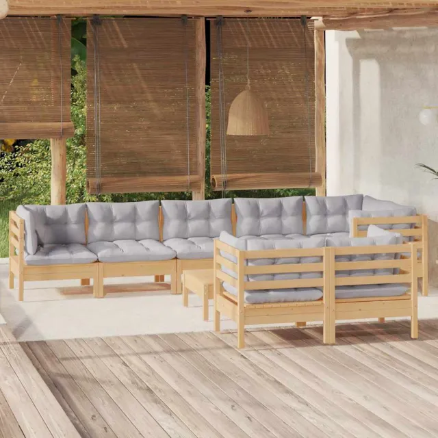 vidaXL 9-delige Loungeset met grijze kussens massief grenenhout grijs, foto 2