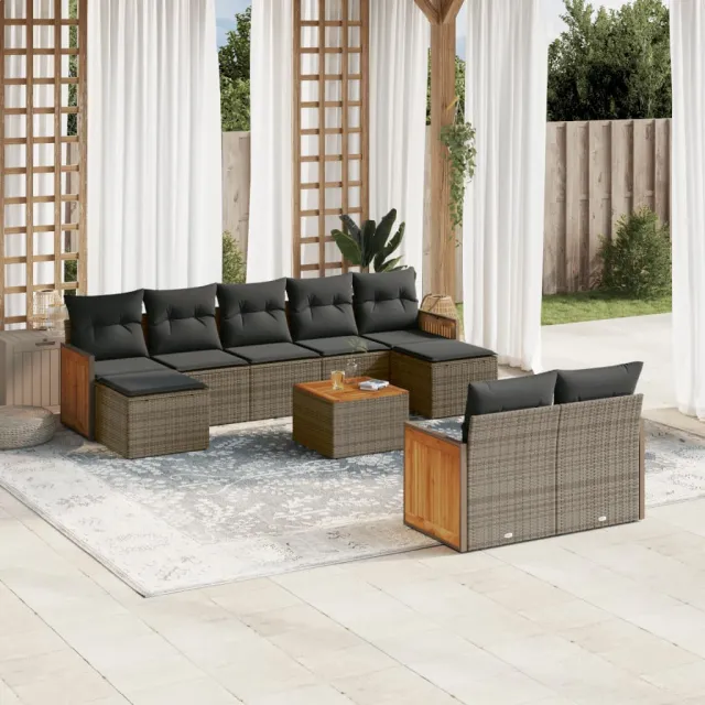 vidaXL 10-delige Loungeset met kussens poly rattan grijs