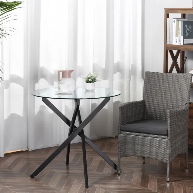 STILVORA Ronde Tafel - Glazen Tafel Met Veiligheidsglas En Stalen X-Poot - Voor Eetkamer, Woonkamer En Balkon - Staal - 80x80x75 Cm - Zwart