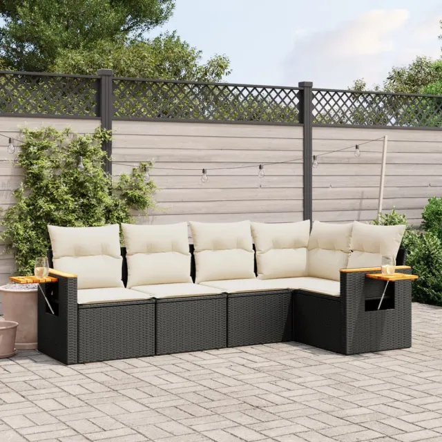 vidaXL 5-delige Loungeset met kussens poly rattan zwart, foto 2