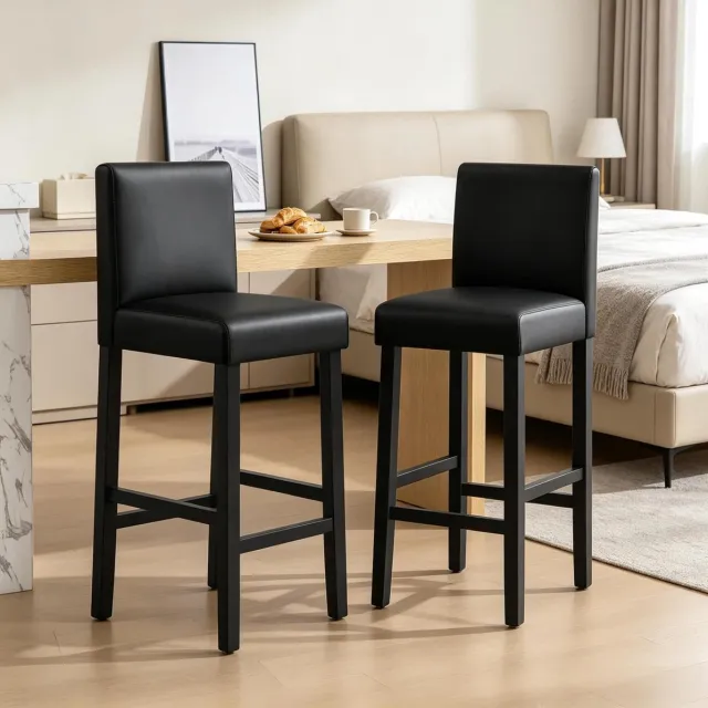 STILVORA Barkruk 110,5 Cm - Set Van 2 Met Rugleuning En Gewatteerde Zitting - Voor Keuken En Bar - Kunstleer En Hout - Zwart