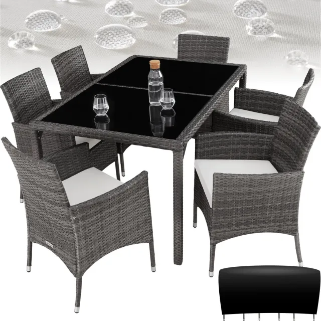 Tectake Wicker Tuinset Porto - Voor 6 Personen - Balkonmeubel - Tuinmeubelset met Tafel en 6 Stoelen - Zitgroep voor Tuin, Terras en Balkon - Inclusief Kussens en Beschermhoes - Grijs - Wicker Set