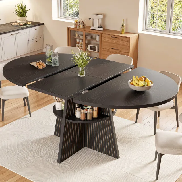 WUVRIE Uitschuifbare eettafel 110-150x110 cm - Open opbergvak en ronde hoeken - Zwart