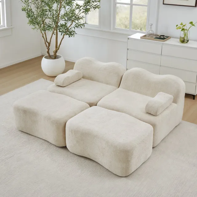 HAUSS SPOLE Hoekbank - Modulair Bankstel - 2-Zits Met 2 Hockers En Verplaatsbaar Armkussen - Voor Woonkamer En Appartement - Fluweel Beige
