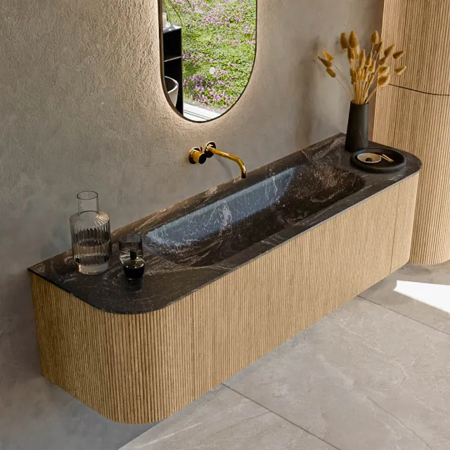 Mondiaz KURVE-DLUX 160 cm Onderkast Greeploos 1 Lade Met Deuren Oak, Wastafel Solid Surface Midden Lava 0 Kraangaten Zonder Spiegel (KRVBGM160L+R1L2D0KM-Oak/Lav)