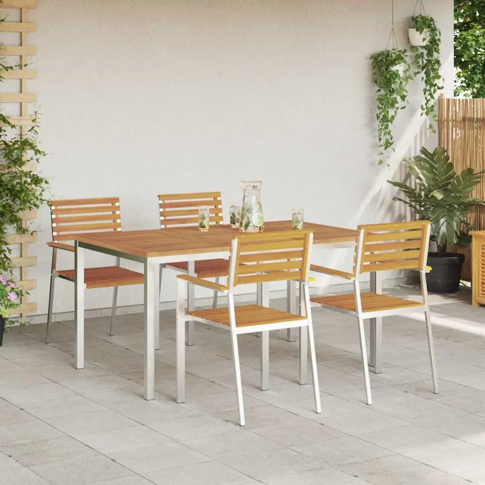 vidaXL Tuin eettafelset 5 st Massief acaciahout en roestvrij staal, foto 3