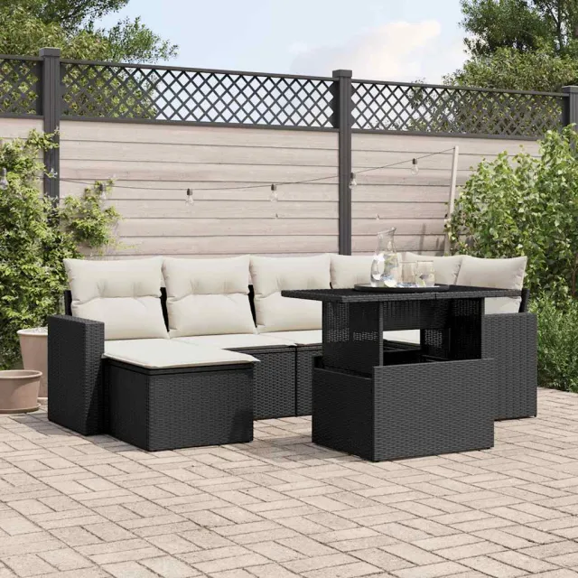 vidaXL 7-delige Loungeset met kussens poly rattan zwart, foto 2