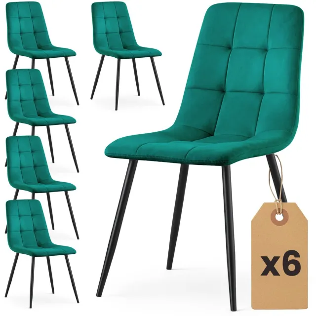 Akord Set van 6 Eetkamerstoelen NERO / Gestoffeerde Stoelen / Fluwelen Stoelen en Metalen Poten / Flesgroen met zwarte benen