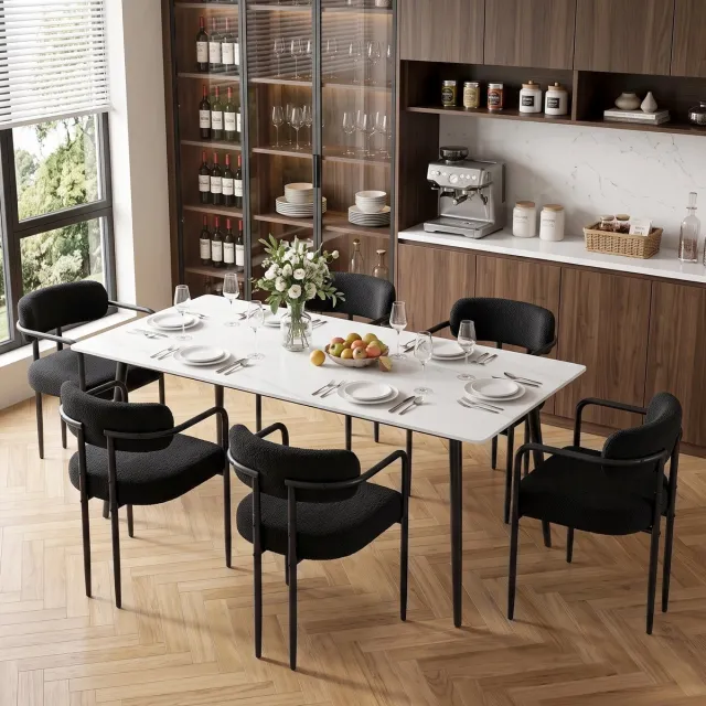 Puluomis Eetkamerstoelen - Set van 6 - Teddy Fleece - Metalen poten - Gevoerde zitkussens - Zwart