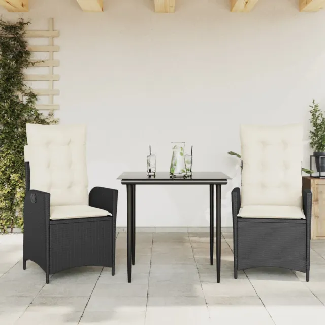 vidaXL 3-delige Tuinset met kussens poly rattan zwart, foto 2