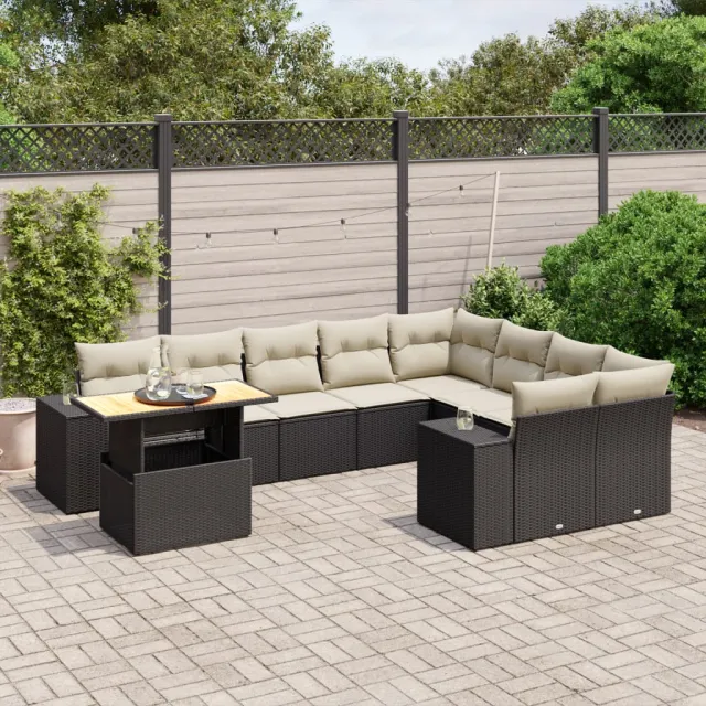 vidaXL 10-delige Loungeset met kussens poly rattan zwart, foto 2