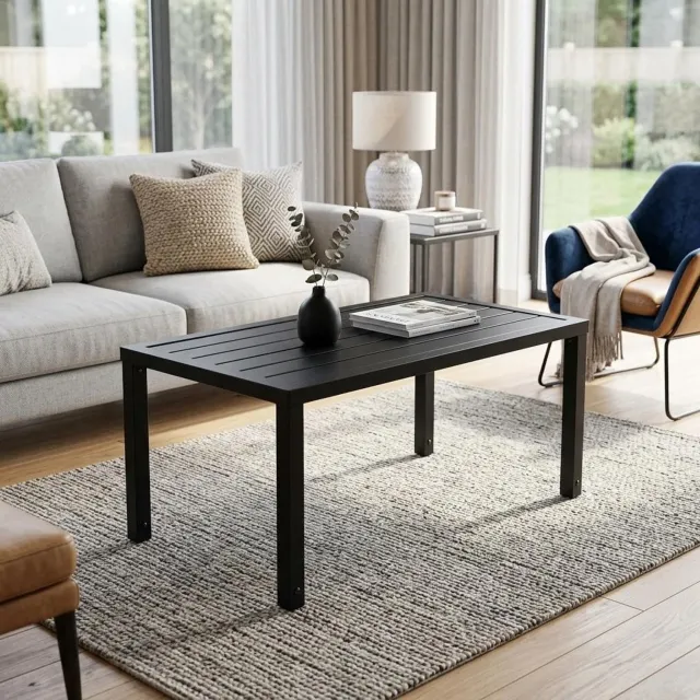 HOERFURIY Rechthoekige salontafel 90×50×46 cm zwart van staal, weerbestendig met verstelbare poten, voor binnen, balkon en terras