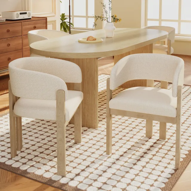 FloraGrace Eetkamerstoel Set Van 6 - Bouclé Bekleding Met Armleuningen - Voor Eetkamer, Woonkamer Of Café - Hout - Naturel
