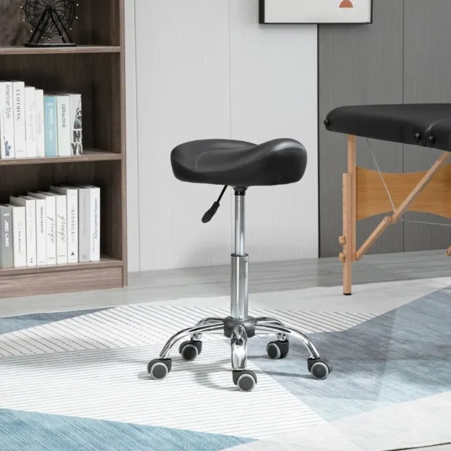 MEUNIQ Bureaukruk verstelbaar in hoogte 54-69 cm met 5 wielen en 360° draaibare zitting, kunstleer, zwart, voor salon, tattoo-studio en massage