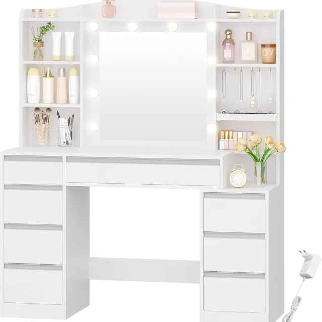 HILINSIE Make-uptafel met 8 laden, grote spiegel met RGB-ledverlichting, geïntegreerde sieradenplank, 100 cm breed werkblad met nachtkastje, 40 x 120 x 140 cm,wit