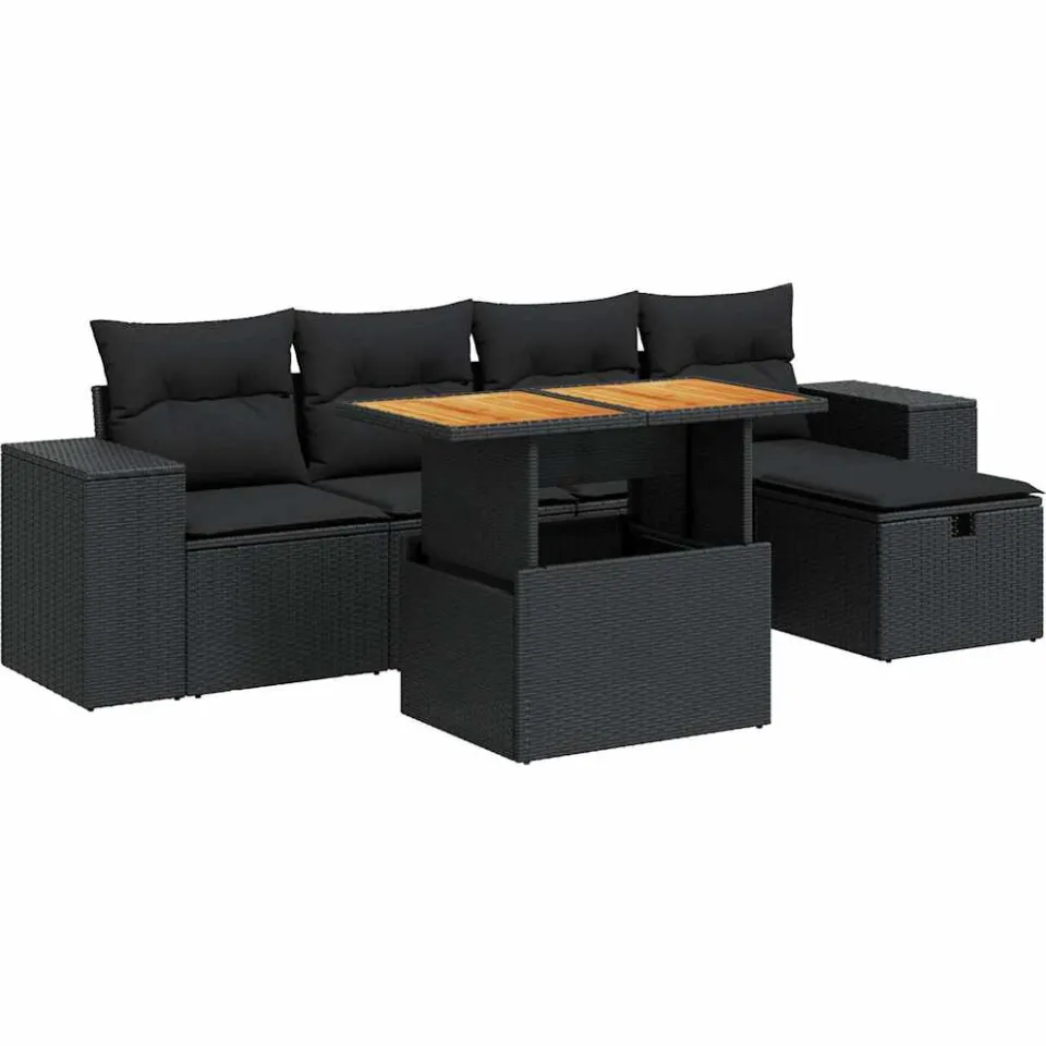vidaXL 6-delige Loungeset met kussens poly rattan acacia zwart, foto 3