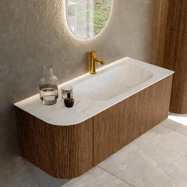 Mondiaz KURVE-DLUX 115 cm Onderkast Greeploos 1 Lade Met Deuren Walnut, Wastafel Solid Surface Rechts Opalo 1 Kraangat Zonder Spiegel (KRVBGS115L1L1D1KR-Wal/Opa)