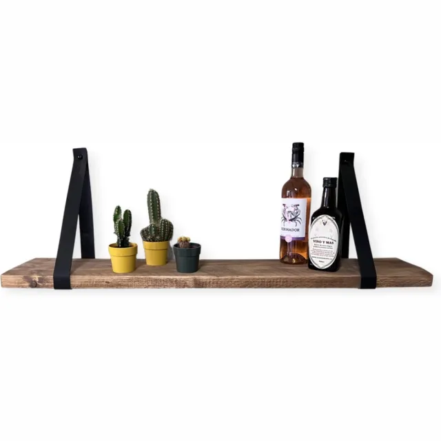 MeubelZwagerij Wandplank Steigerhout 70 cm met Zwarte leren Riemen Meubelzwagerij