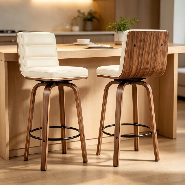 CHICFURN Barkruk - Set van 2 - 360° draaibaar - Met rugleuning - Crème