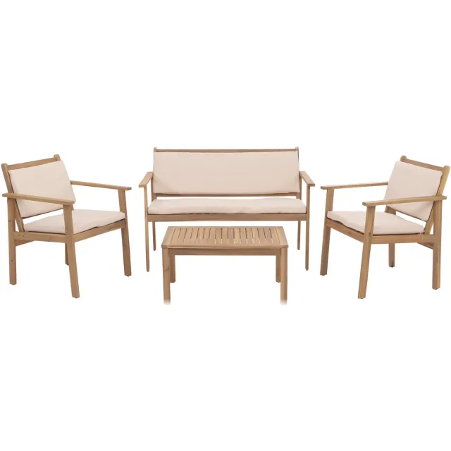 MCW Tuinset MCW-O19, loungeset zitgroep bank fauteuil tafel, hout acacia MVG stof/textiel (180 g/m²) ~ kussens beige