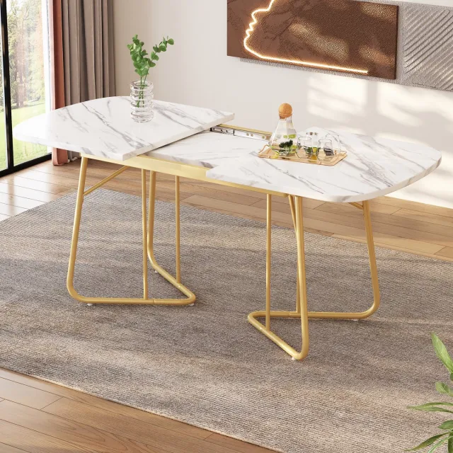 FloraGrace Eettafel - Uitschuifbaar Met Marmerlook - Voor 4 Tot 6 Personen In Eetkamer - MDF En Goudkleurig Metaal - Wit
