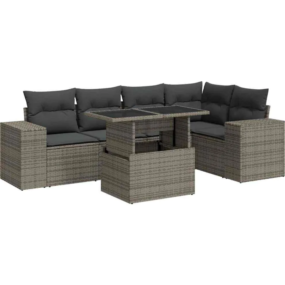 vidaXL 6-delige Loungeset met kussens poly rattan grijs, foto 3