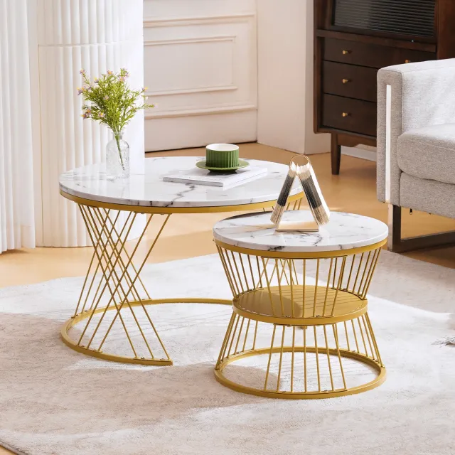 Maisentiel Salontafelset van 2 - 70/45 cm - ronde nestingtafels - MDF marmerlook - wit/goud