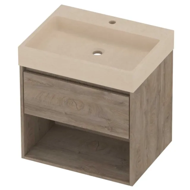 Proline Evoli Badmeubelset Hardsteen Loft 1 Kraangat Met Schap 60x46x62 cm Sand Stone Raw Oak Eiken