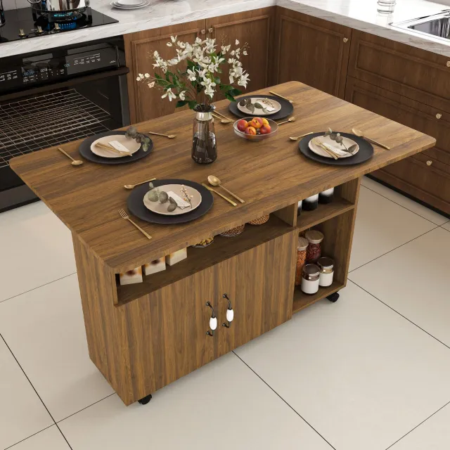MODENUIT Eettafel - Opklapbaar met 5 Wielen - Voor Keuken en Werkkamer - MDF Walnootkleur - 110x70x80 Cm Licht walnoot