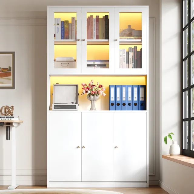 Zubaliya Boekenkast - 100x35x200 cm wit - LED-verlichting in glasdeuren - kabeldoorvoer - 3 deuren