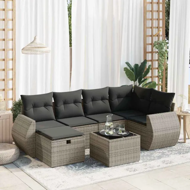 vidaXL 7-delige Loungeset met kussens poly rattan grijs, foto 2