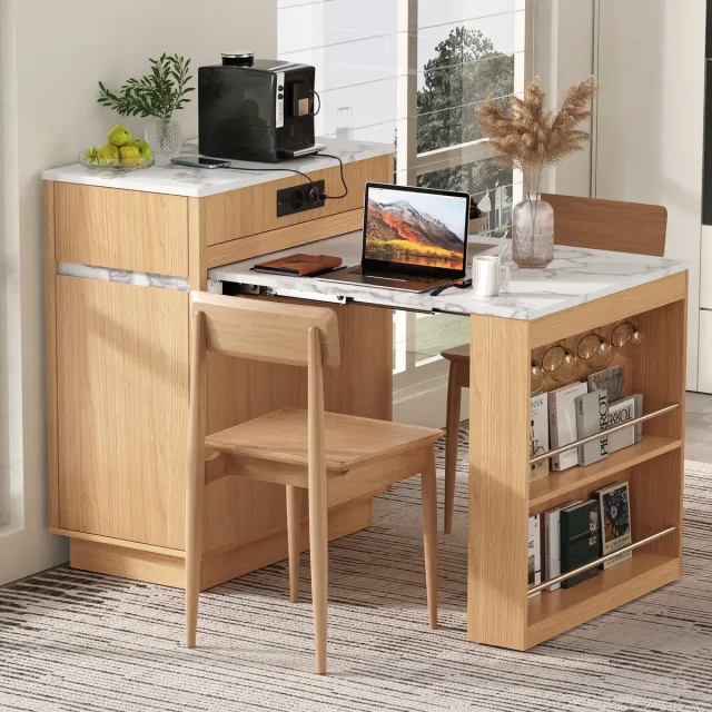 STILVORA Eettafel - Uitschuifbare Keukeneilandtafel Met Led, Oplaadpunten En Opbergruimte - Voor Keuken En Eethoek - MDF - Naturel