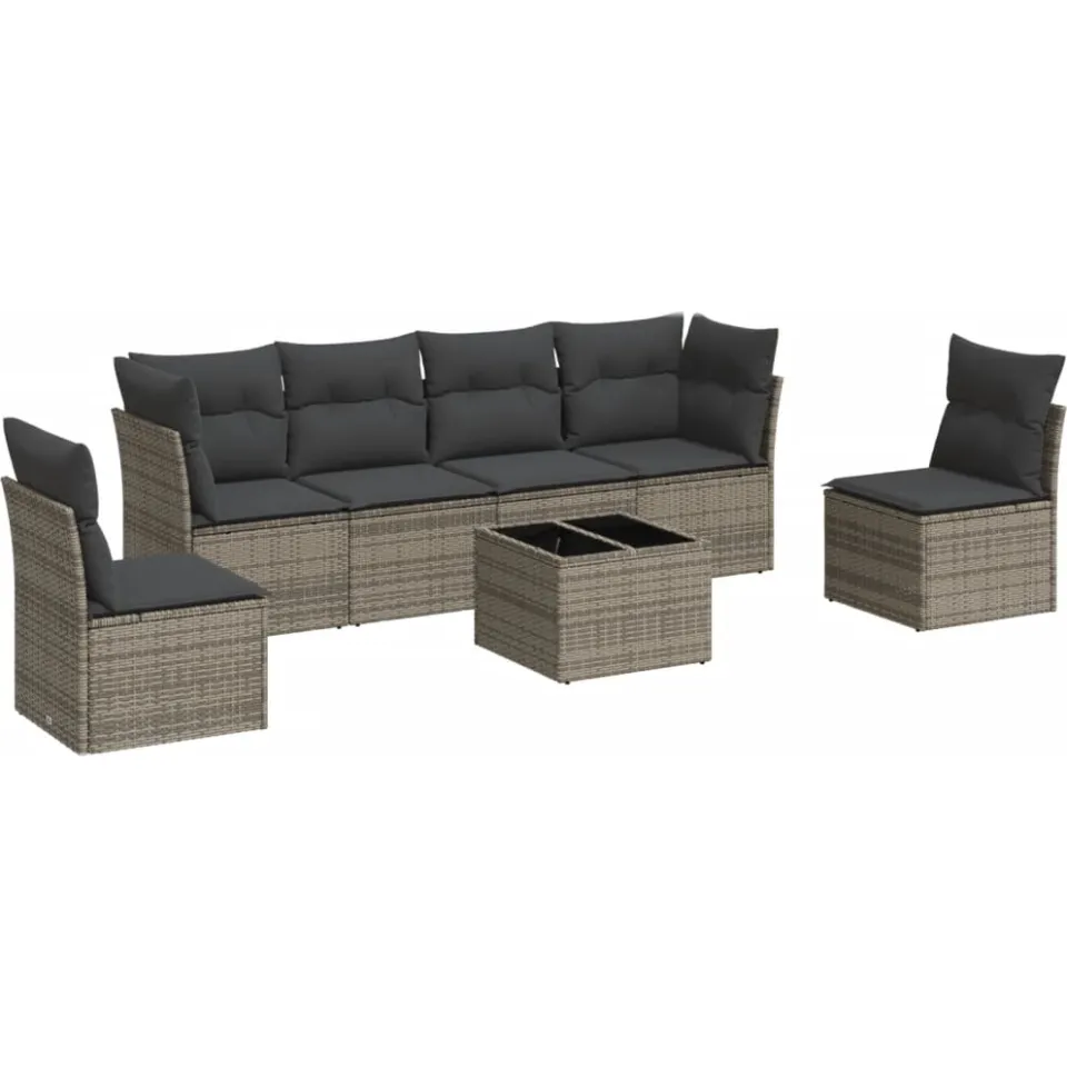 vidaXL 7-delige Loungeset met kussens poly rattan grijs, foto 3