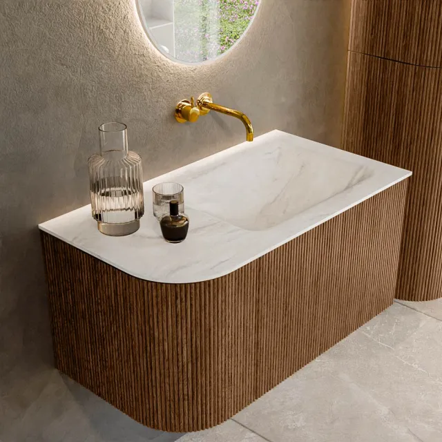 Mondiaz KURVE-DLUX 85 cm Onderkast Greeploos 1 Lade Met Deuren Walnut, Wastafel Solid Surface Rechts Ostra 0 Kraangaten Zonder Spiegel (KRVCLO85L1L1D0KR-Wal/Ost)