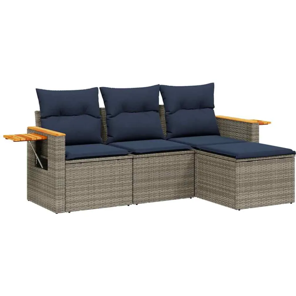 vidaXL 4-delige Loungeset met kussens poly rattan grijs, foto 3