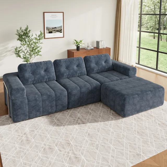 MIVRAY Modulaire Hoekbank 258 x 165 x 79 cm - Slaapfunctie en Vijf Opstellingen - Voor de Woonkamer - Polyester Chenille - Blauw