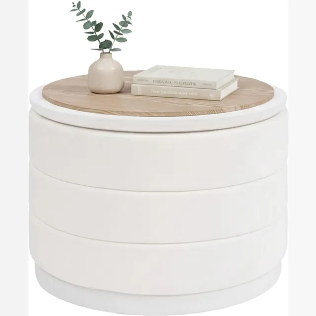 Famanu Ronde poef met deksel, inklapbare voetensteun en tafel, 58 x 58 x 44 cm, wit fluweel, multifunctionele voetenbank voor woonkamer, slaapkamer en hal