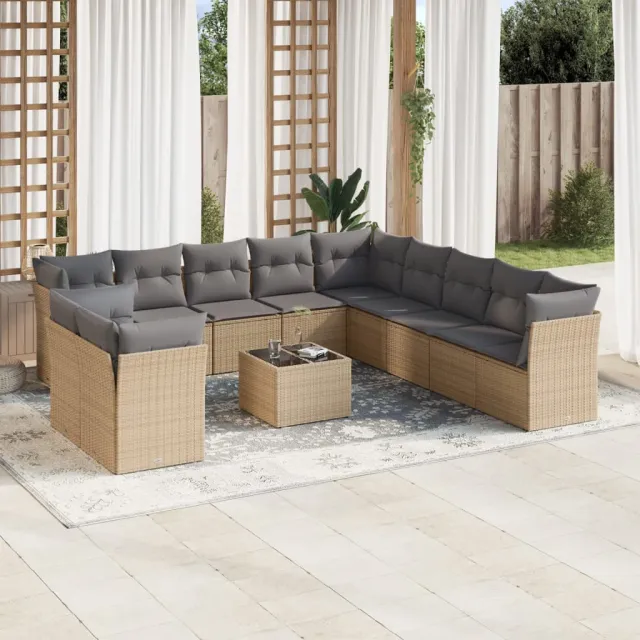 vidaXL 12-delige Loungeset met kussens poly rattan beige, foto 2