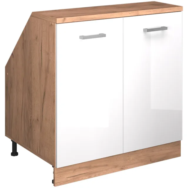 Vicco R-Line Keukenkast voor schuine wand – 80 cm met 2 deuren, kastromp 60 cm diepte Wit Hoogglans Wit Hoogglans/Goudkleurig Eiken
