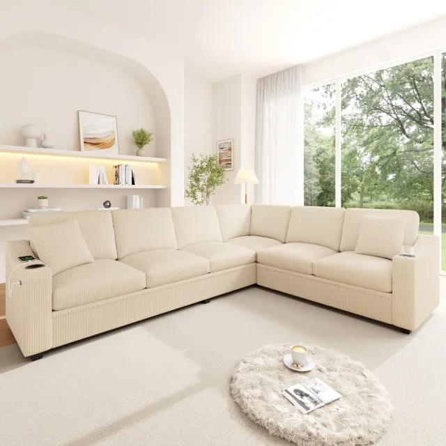 FloraGrace Hoekbank 6-Zits - Modulair L-Vormig Met USB En Type-C Oplaadpoorten, Bekerhouders En 2 Kussens - Woonkamer - Ribfluweel - Beige