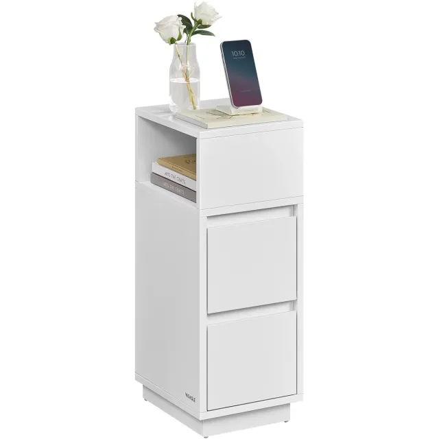 CreateEcom Nachtkastje - bedside table - 1 stuk - smal design - bijzettafel met 2 lades - open vak - wit - 30x25x65 cm