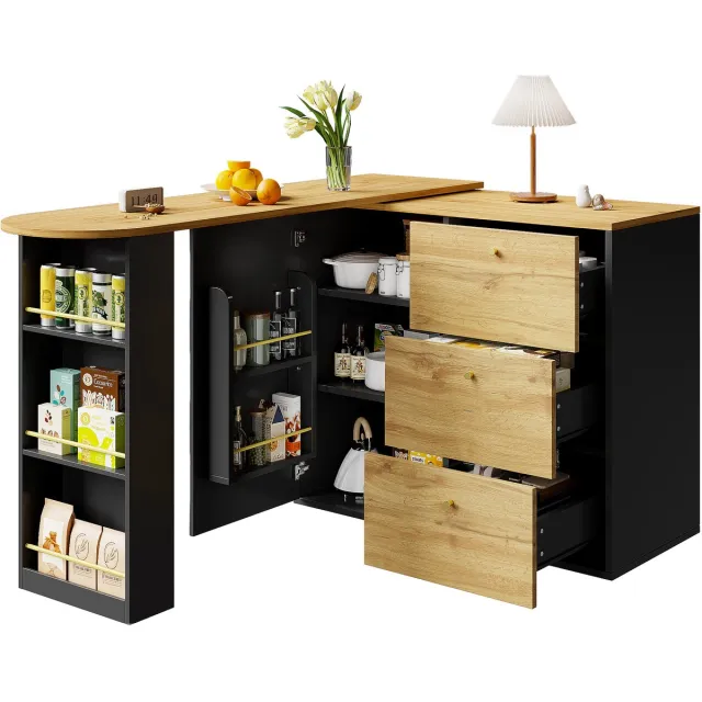 in& out door furniture Uittrekbaar barblad met opbergruimte (138-204×39×104cm), 360° draaibare eettafel, moderne verrijdbare bartafel, keukeneiland hogere tafel, bistrotafel, sideboard met houtnerftekening-zwart