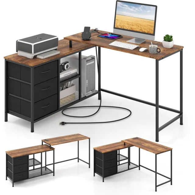 Costway L-vormig bureau met stopcontact, omkeerbaar hoekbureau met 3 stoffen laden en roosterplanken, 205 cm lange computertafel, hoektafel voor thuiskantoor (rustiek bruin)