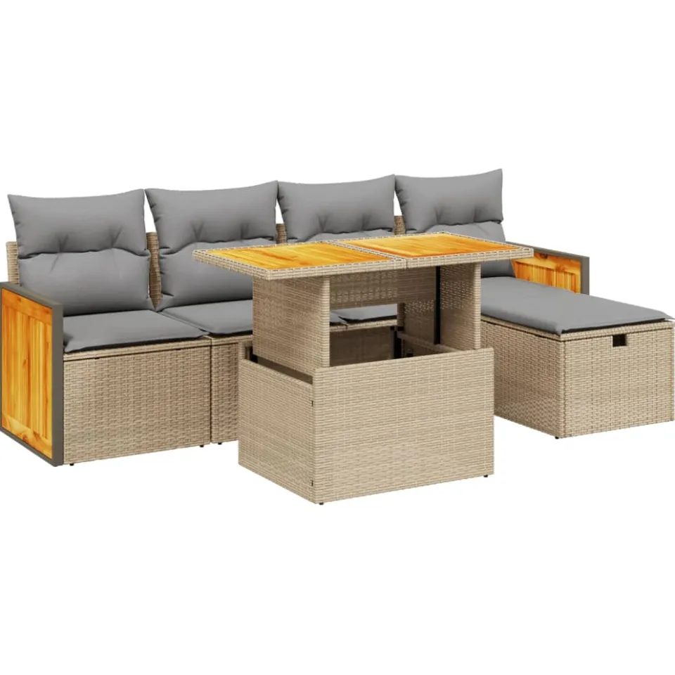 vidaXL 6-delige Loungeset met kussens poly rattan beige, foto 3